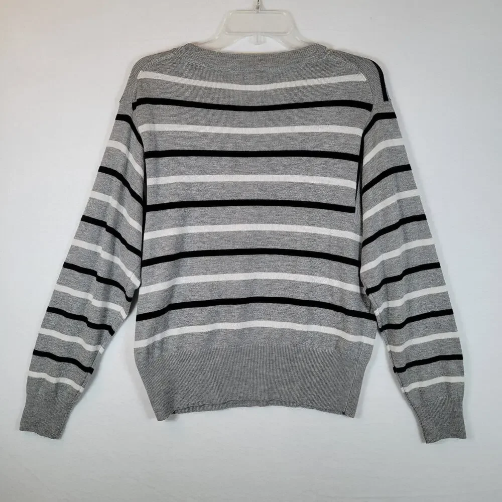 Magaschoni Womens Striped Knit Relaxed Sweater Top Size Large Gray Y2K Retro